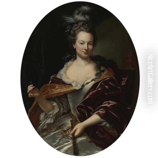 Portrait Of A Lady, Holding A Fan And A Domino Mask Oil Painting by Giovanni Maria delle, called Mulinaretto Piane