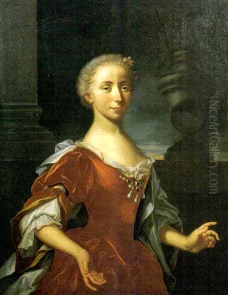 Ritratto Di Dama, A Tre Quarti Di Figura, In Abito Di Veluto Rosso Con Merletti Bianchi E Spilla Pendentif, In Una Loggia Oil Painting by Giovanni Maria delle, called Mulinaretto Piane