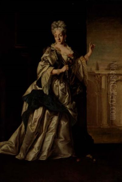 A Portrait Of A Noblewoman, Standing In A Classical Palace And Wearing A White Satin Dress And Pearl Necklace Oil Painting by Giovanni Maria delle, called Mulinaretto Piane