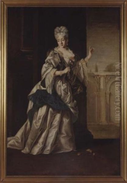 A Portrait Of A Noble Woman Standing In A Classical Palace And Wearing A White Satin Dress And Pearl Necklace Oil Painting by Giovanni Maria delle, called Mulinaretto Piane