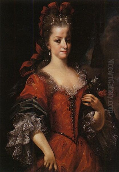 Portrait De Jeune Femme A La Robe Rouge Oil Painting by Giovanni Maria delle, called Mulinaretto Piane