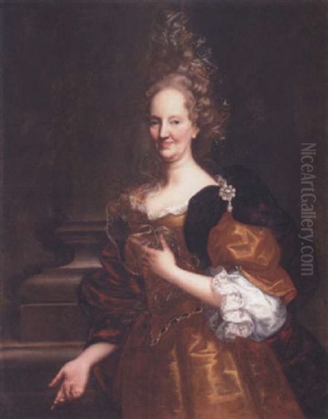 Portrait Of A Lady Wearing A Gold Dress, Standing Before A Column Oil Painting by Giovanni Maria delle, called Mulinaretto Piane