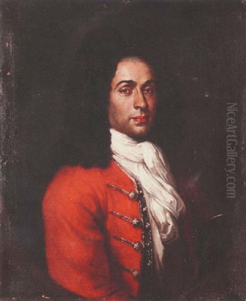 Portrait Of A Gentleman Wearing A Red Coat Trimmed With Silver And A White Jabot Oil Painting by Giovanni Maria delle, called Mulinaretto Piane