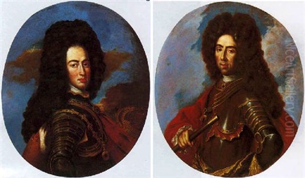 Ritratto A Mezzo Busto Di Gentiluomini Con Armatura E Mantello Rosso Oil Painting by Giovanni Maria delle, called Mulinaretto Piane