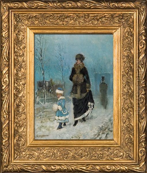 Winter Walk Oil Painting by Henryk Piatkowski