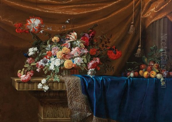 A Still Life Of A Basket Of Flowers And A Mound Of Fruit On A Sculpted Stone Table Oil Painting by Jean-Michel Picart