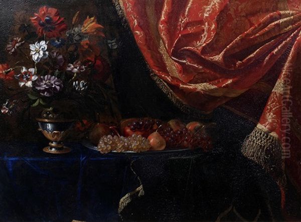 Tulips, Narcissi And Carnations In A Vase On A Table-top With A Platter Of Fruit Before A Red Curtain Oil Painting by Jean-Michel Picart