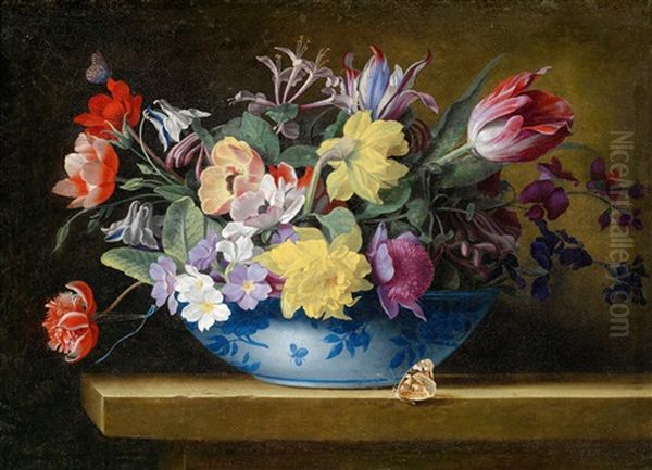 Blumenstillleben Mit Korb Oil Painting by Jean-Michel Picart