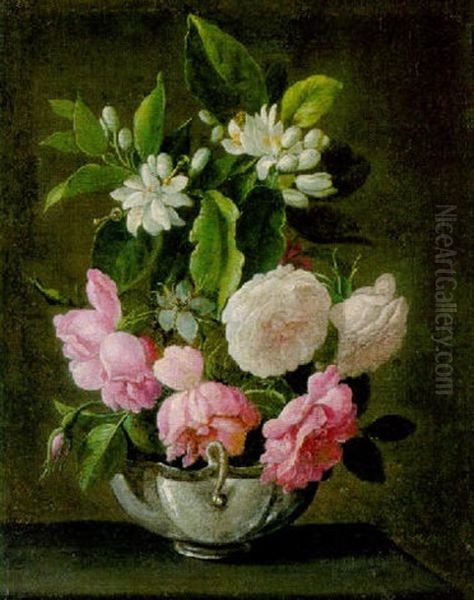 Eine Silberne Schale Mit Rosen Und Orangenbluten Oil Painting by Jean-Michel Picart