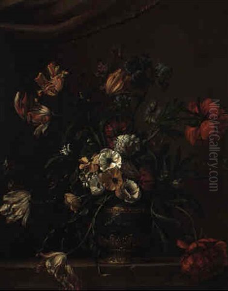 Still Life Of Tulips And Other Flowers In An Urn On A Stone Ledge Oil Painting by Jean-Michel Picart
