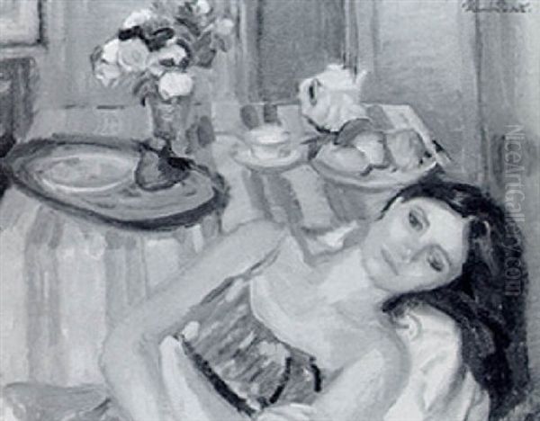 Young Girl Reclining By A Table With Flowers And Fruit Oil Painting by Ramon Pichot Giron&egrave;s