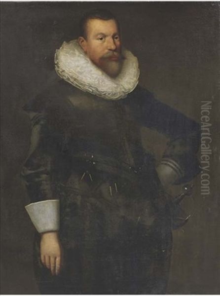 Portrait Of A Gentleman, Three-quarter-length, Standing In A Black Costume With A Lace Ruff, A Sword By His Side Oil Painting by Nicolaes Eliasz Pickenoy