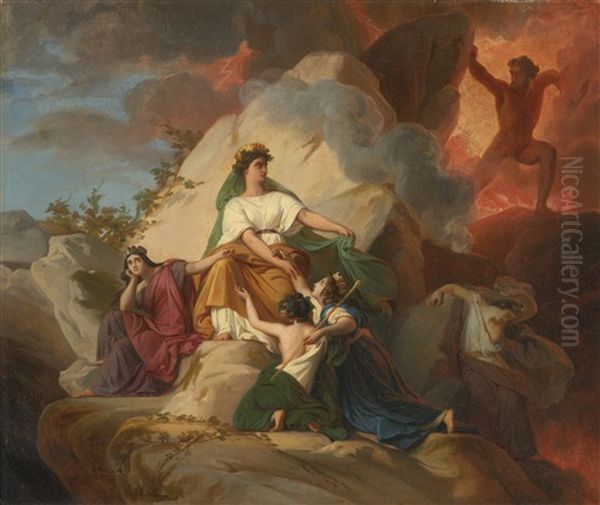 Cybele Opposing Vesuvius To Protect The Cities Of Stabia, Herculaneum, Pompeii And Resina: A Sketch Oil Painting by Francois Edouard Picot