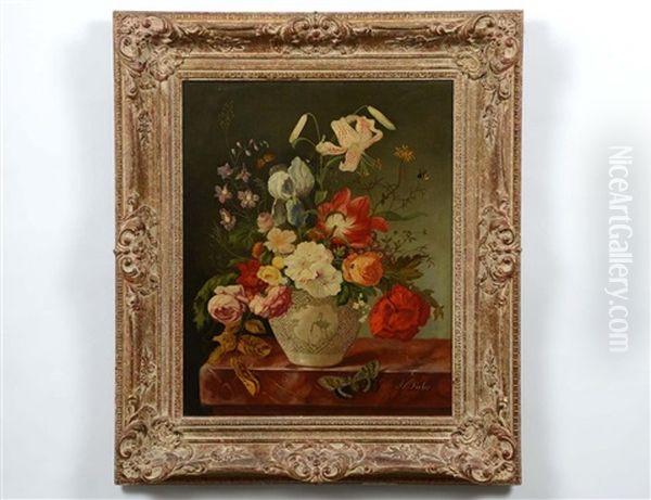 Exotic Floral Still Life With Insects Oil Painting by Franz Xaver Pieler