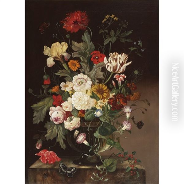 Still Life Of Tulips, Irises, Morning Glories, Passion Flower, Daisies And Other Summer Flowers With Flies, And Butterflies On A Marbled Ledge Oil Painting by Franz Xaver Pieler