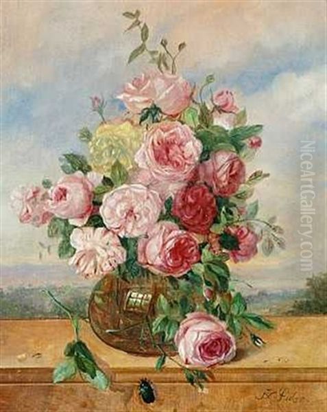 Lyserode Roser I En Vase, I Baggrunden Landskab Oil Painting by Franz Xaver Pieler