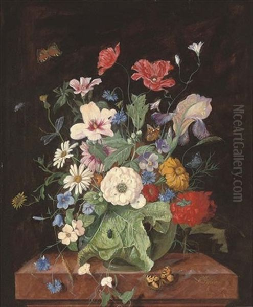 Butterflies On Summer Blooms Oil Painting by Franz Xaver Pieler