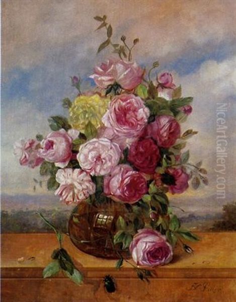 Rosen In Einer Glasvase Vor Einem Landschaftshintergrund Oil Painting by Franz Xaver Pieler