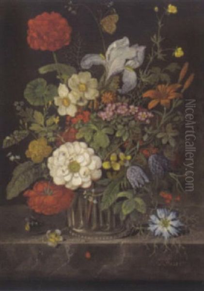 Blumenstraus In Glasvase Mit Schmetterlingen Oil Painting by Franz Xaver Pieler