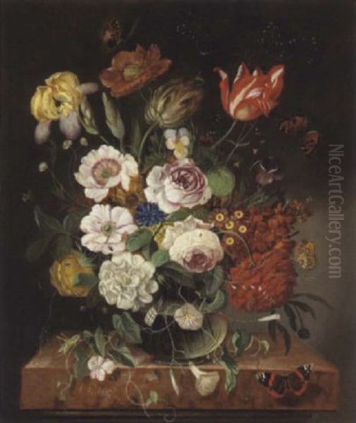 Blumenstilleben Mit Schmetterlingen Und Heuschrecke Oil Painting by Franz Xaver Pieler