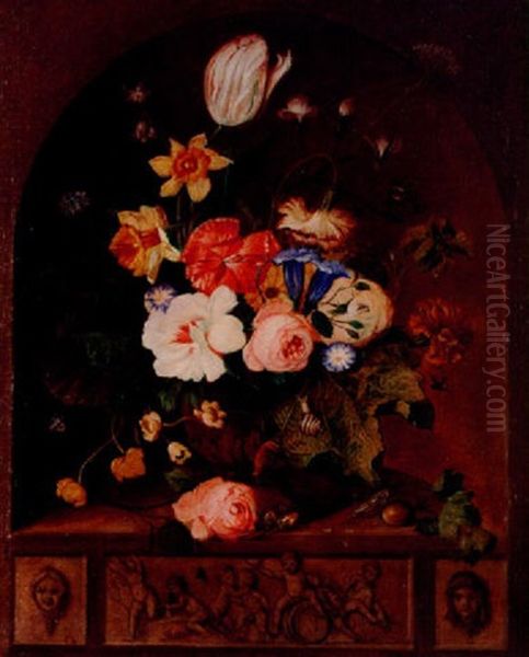 Still Life Of A Vase Of Flowers, A Grasshopper, Butterfly, Snail And Bee In An Alcove Oil Painting by Franz Xaver Pieler