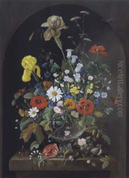 Blumenstraus In Einer Glasvase Mit Einem Schmetterling, Libellen, Einem Marienkafer Und Zwei Vogeln Oil Painting by Franz Xaver Pieler
