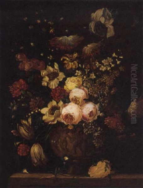 Tulips, Carnations, Wild Roses, Irises And Chrysanthemums In An Urn On A Ledge Oil Painting by Franz Xaver Pieler