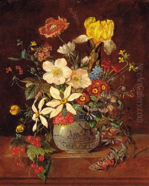 Mixed Roses In A Glass Vase With A Butterfly On A Ledge, A Landscape Beyond Oil Painting by Franz Xaver Pieler