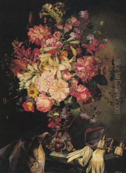 Bunter Blutenstraus In Vase, Saffianhandschuhe, Operngucker Und Tuch Oil Painting by Franz Xaver Pieler