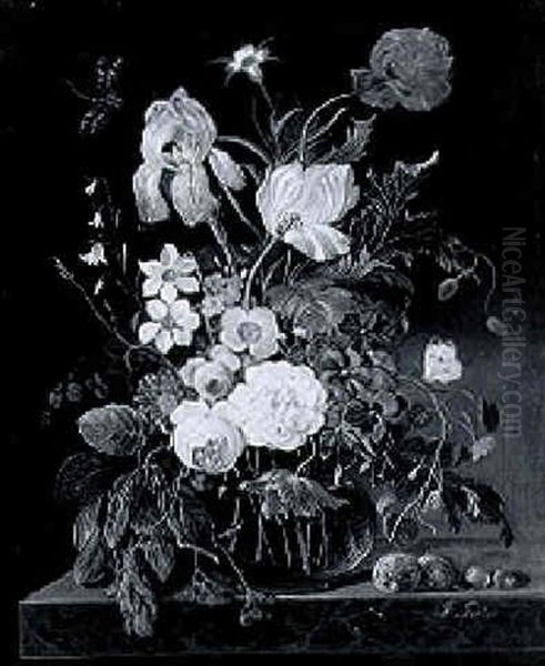 Flowers In A Glass Vase On A Ledge Oil Painting by Franz Xaver Pieler