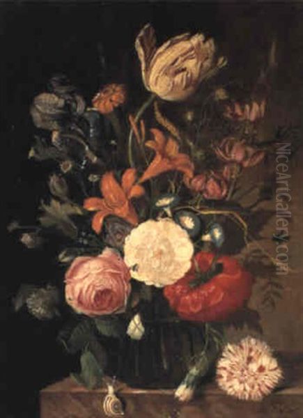 Flowers In A Vase On A Ledge Oil Painting by Franz Xaver Pieler