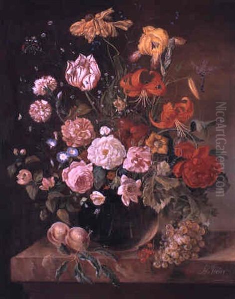 Floral Still Life On A Ledge With Fruit And A Dragonfly Oil Painting by Franz Xaver Pieler