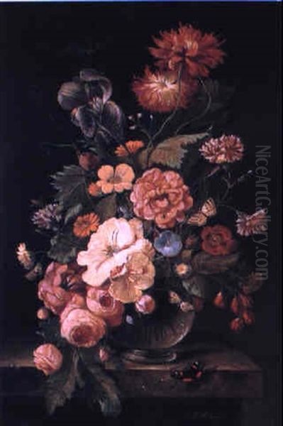 Floral Still Life On A Ledge Oil Painting by Franz Xaver Pieler