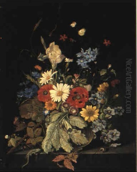 A Still Life With Flowers On A Ledge Oil Painting by Franz Xaver Pieler