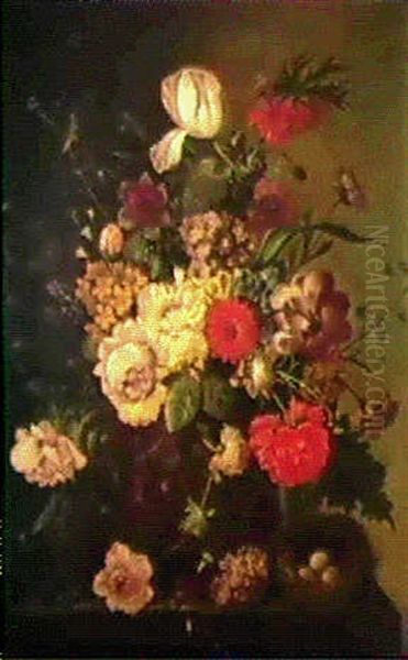 Still Life Of Roses, Auricula, Magnolia And Frittillaria In An Urn And A Bird's Nest On A Ledge Oil Painting by Franz Xaver Pieler