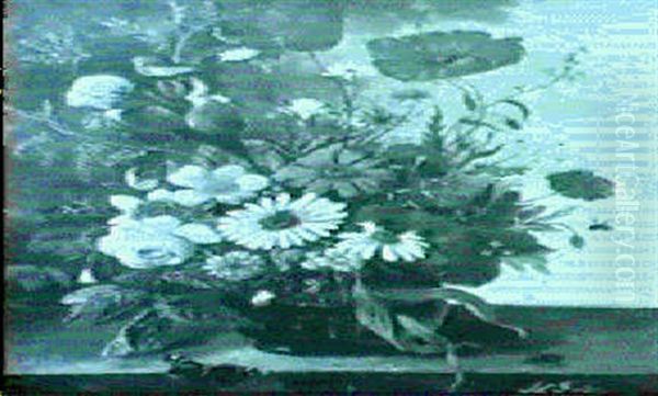 Mixed Flowers In A Vase On A Stone Ledge Oil Painting by Franz Xaver Pieler