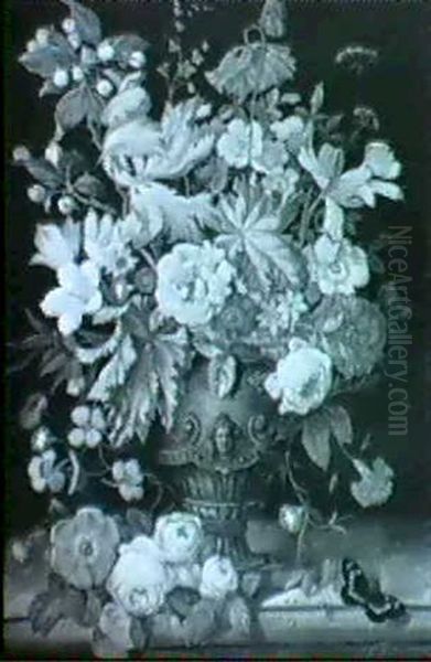 Bunter Sommerstrauss In Einer Reliefierten Vase Auf Einer   Tischplatte Oil Painting by Franz Xaver Pieler