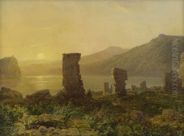 Kustenlandschaft Im Sonnenuntergang, Im Vordergrund Die Ruinen Einer Abtei Oil Painting by August Bedrich Piepenhagen