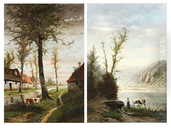 Vaches Au Bord De La Meuse - Souvernir De Waasmunster (pair) Oil Painting by Henri Joseph Pieron