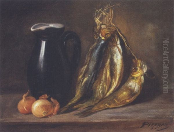 Opstilling Med Rogede Sild, Kande Og Log Pa Et Bord Oil Painting by Nicolas Constant Pierrat