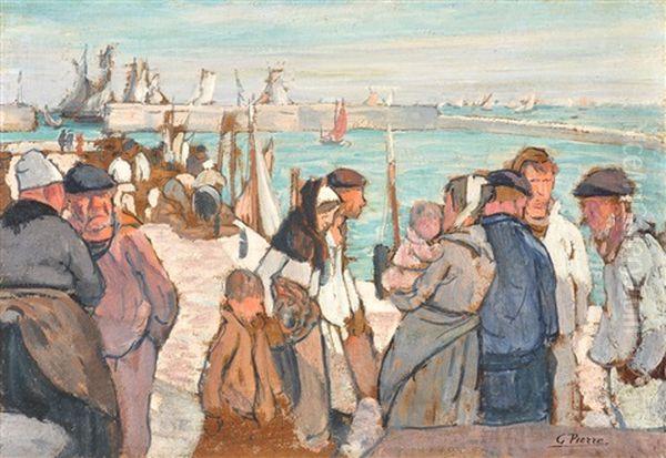 Personajes En El Muelle Oil Painting by Gustave (Rene) Pierre
