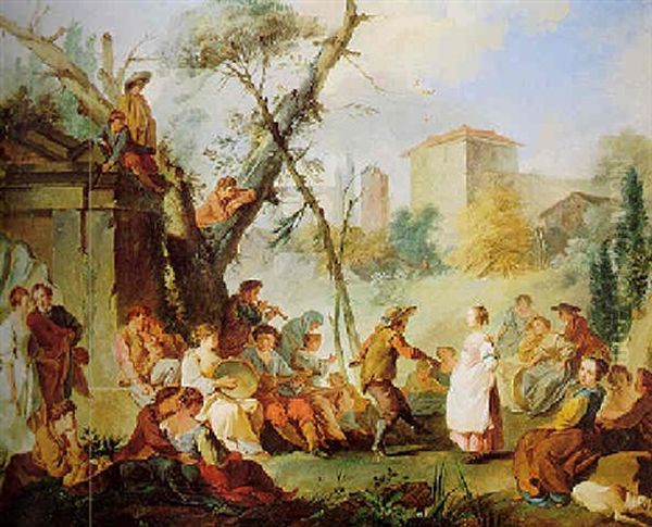 Landscape With Peasants Playing Music And Dancing Oil Painting by Jean Baptiste Marie Pierre