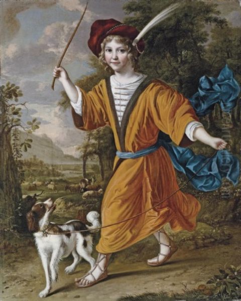 Portrait Of A Boy In Costume, With A Dog In A Landscape Oil Painting by Christoffel Pierson