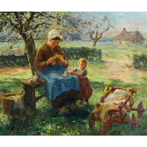 Mother And Her Children In A Spring Orchard Oil Painting by Evert Pieters