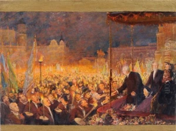 Dresden - Theaterplatz. Furst Bismarck In Dresden Am 18. Juni 1892. Huldigung Der Burgerschaft Oil Painting by Max Ernst Pietschmann