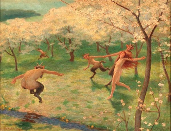 Tanzende Faune Und Nymphe Unter Bluhenden Baumen Oil Painting by Max Ernst Pietschmann