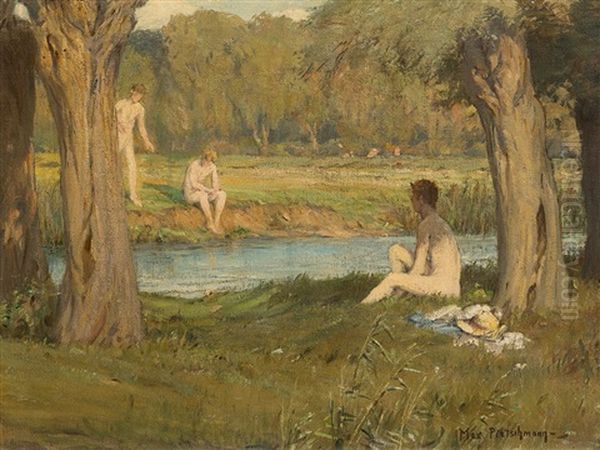 Bathers At A Pond Oil Painting by Max Ernst Pietschmann