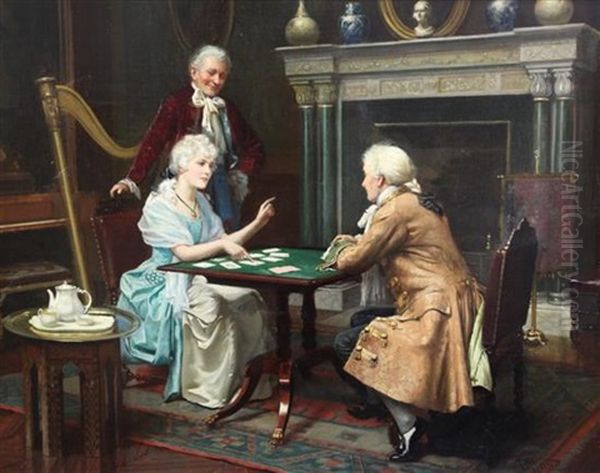 Interior With Georgian Lady And Gentleman Playing Cards Oil Painting by Harold Piffard