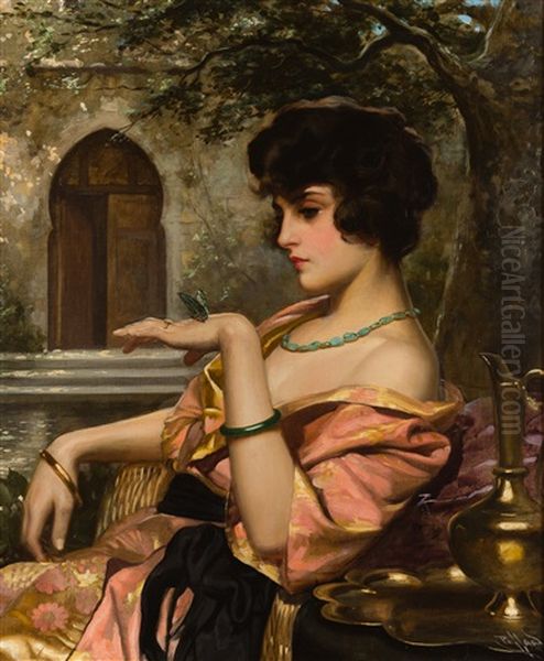 Ottoman Beauty With A Butterfly Oil Painting by Harold Piffard