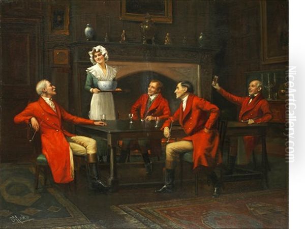 Huntsmen And A Serving Maid Around A Table Oil Painting by Harold Piffard